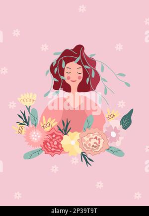 Illustration lumineuse avec une femme, fleurs et feuilles dans un cercle. Femme heureuse de printemps. Bonne journée mère. Idéal pour les cartes de vœux, les cartes, les bannières et les affiches. Graphiques vectoriels. Illustration de Vecteur