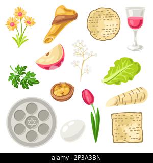 Ensemble d'objets de la plaque de Pâque juive de Pesach heureux. Symboles traditionnels des fêtes. Illustration de Vecteur