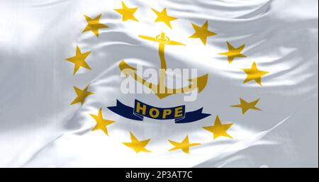 Gros plan du drapeau de l'État du Rhode Island. Ancre d'or au centre entourée de treize étoiles d'or. 3d rendu d'illustration. Gros plan. Texture Banque D'Images