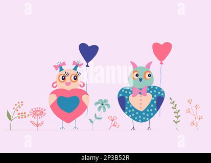 Couple de hibou de style plat avec des ballons et des coeurs, des hiboux de dessin animé, isolé, illustration vectorielle Illustration de Vecteur