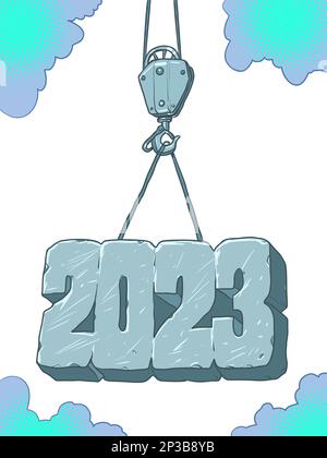 La grue de tour peut accueillir 2023 personnes. La grue à tour contient l'acier et le fer 2023. La société de construction annonce la prochaine 2023. Illustration de Vecteur