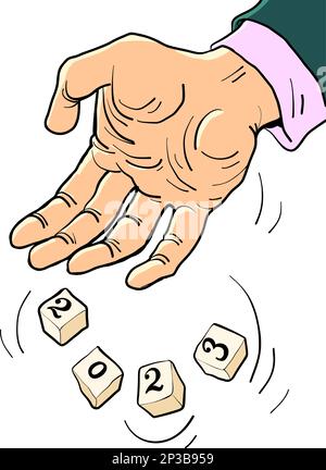 Rouleaux à main 2023. Homme d'affaires lance les dés avec 2023. L'homme s'est rendu compte que 2023 était venu. Illustration de Vecteur