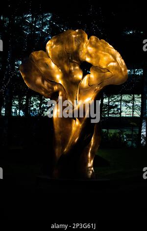 L'œuvre d'art Fortuna de Helaine Blumenfeld 2016, située dans le parc Jubilee, Canary Wharf. Une scène nocturne sur fond de bâtiments. Banque D'Images