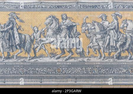 Procession du mur mural des Princes (Furstenzug) détail - Dresde, Saxe, Allemagne Banque D'Images