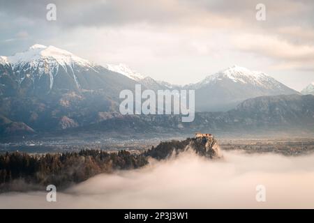 2022 12 30, Bled, Slovénie: Château Bled surplombant le lac Bled, couvert de brouillard, avec les Alpes Juliennes en arrière-plan Banque D'Images