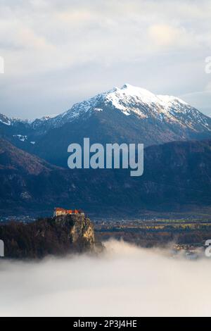 2022 12 30, Bled, Slovénie: Château Bled surplombant le lac Bled, couvert de brouillard, avec les Alpes Juliennes en arrière-plan Banque D'Images