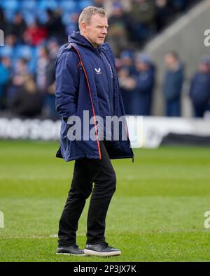 Mark McCall entraîneur en chef de Saracens regarde son côté se réchauffer avant le match Gallagher Premiership sale Sharks vs Saracens à AJ Bell Stadium, Eccles, Royaume-Uni, 5th mars 2023 (photo de Steve Flynn/News Images) à Eccles, Royaume-Uni, le 3/5/2023. (Photo de Steve Flynn/News Images/Sipa USA) Banque D'Images