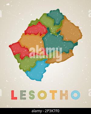 Carte du Lesotho. Affiche pays avec régions de couleur. Ancienne texture de grunge. Illustration vectorielle du Lesotho avec le nom du pays. Illustration de Vecteur