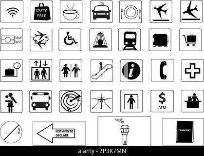 Ensemble de trente-deux symboles et panneaux pour l'aéroport Illustration de Vecteur