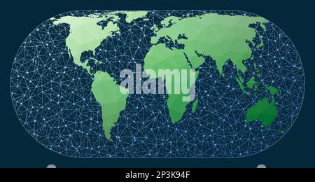 Carte des communications du monde. Projection Eckert 4. Carte verte du monde poly avec arrière-plan réseau. Monde connecté incroyable pour les infographies ou les relations publiques Illustration de Vecteur