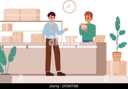 Point d'émission des colis ou des commandes. Employé tenant une boîte en carton et parlant avec le client. Client et homme de poste, vecteur d'entrepôt de service de livraison Illustration de Vecteur