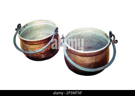 Grandes chaudières en fonte pour cuisiner dans les temps anciens, isolées sur fond blanc. Pots rétro à utiliser sur un feu ouvert. Banque D'Images