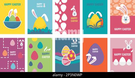 Affiches géométriques de Pâques avec œufs. Lapin plat et œuf, bannière abstraite minimaliste. Joyeux lapin, couvertures de fête pour enfants. Motif vectoriel néotérique moderne Illustration de Vecteur