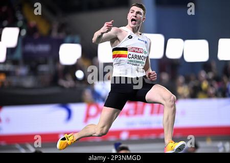 Le Belge Thomas Carmoy célèbre lors de la finale de saut en hauteur masculin lors de l'édition 37th des Championnats d'intérieur d'athlétisme européens, à Istanbul, en Turquie, le dimanche 05 mars 2023. Les championnats ont lieu du 2 au 5 mars. BELGA PHOTO JASPER JACOBS Banque D'Images