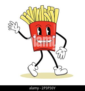 Style rétro mignon frites personnage de dessin animé avec les yeux, les jambes et les bras, illustration vectorielle Illustration de Vecteur