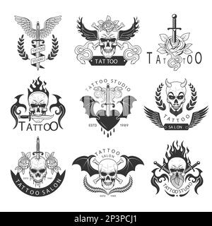 Étiquettes de tatouage. Badges pour la peau humaine modèles vectoriels récents d'étiquettes créatives Illustration de Vecteur