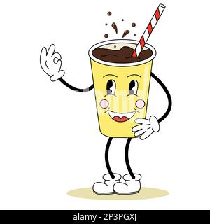 Style rétro mignon soda doux boire personnage de dessin animé avec une paille, les yeux, les jambes et les bras, illustration vectorielle Illustration de Vecteur