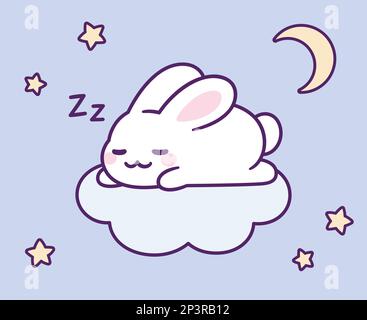 Joli lapin de dessin animé dormant sur le nuage dans le ciel nocturne. Bonne nuit, le lapin kawaii est tiré à la main. Illustration de clip art vectoriel isolée. Illustration de Vecteur