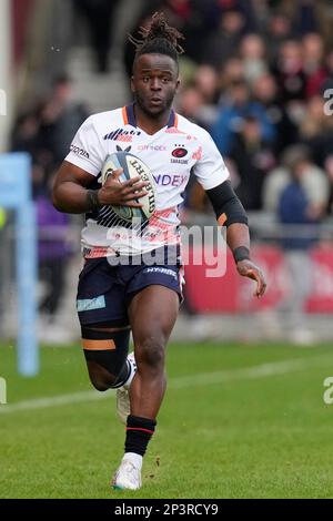 Eccles, Royaume-Uni. 05th mars 2023. Rotimi Segun #23 de Saracens fait une pause lors du match de Premiership Gallagher sale Sharks vs Saracens au stade AJ Bell, Eccles, Royaume-Uni, 5th mars 2023 (photo de Steve Flynn/News Images) à Eccles, Royaume-Uni, le 3/5/2023. (Photo de Steve Flynn/News Images/Sipa USA) crédit: SIPA USA/Alay Live News Banque D'Images