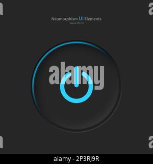Bouton d'alimentation sur fond noir. Éléments de l'interface utilisateur dans le style de neuporphisme, UX. Illustration de Vecteur