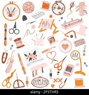 Concept de couture, broderie, artisanat, passe-temps. Outils de travail à aiguilles vectoriels dessinés à la main comme ciseaux, aiguilles, fils, cerceaux, presse-fil Illustration de Vecteur