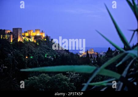 La cathédrale et l'Alhambra, vues du Sacromonte (quartier gitan quartier troglodyte), Grenade, Andalousie, Espagne, Europe. Banque D'Images