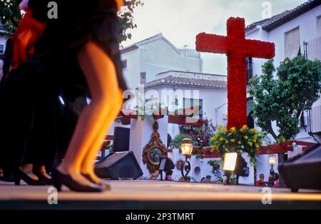 Dia de la Cruz, floral cross et danseurs, à la Plaza Larga,d'Albaicin, Grenade, Andalousie, Espagne Banque D'Images