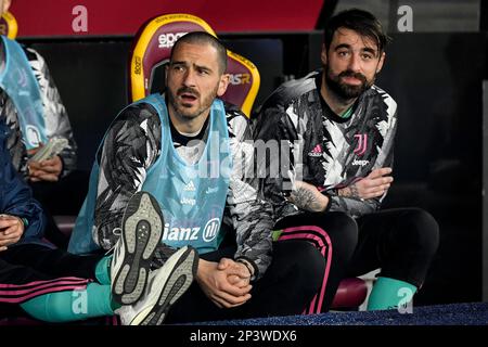 Roma, Italie. 05th mars 2023. Leonardo Bonucci et Carlo Pinsoglio de Juventus FC pendant la série Un match de football entre AS Roma et Juventus FC au stade Olimpico à Rome (Italie), 5 mars 2023. Photo Andrea Staccioli/Insidefoto crédit: Insidefoto di andrea staccioli/Alamy Live News Banque D'Images