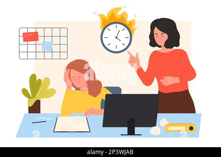 Pression d'un patron en colère contre une illustration vectorielle d'un employé. Caricature femme gestionnaire et chef de bureau pointant à l'horloge de bureau sur le feu, l'échéance, le stress et le problème de productivité professionnelle de la femme fatiguée Illustration de Vecteur