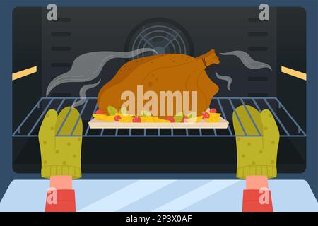 Chef cuisinier de dessin animé cuisine pour le dîner de Thanksgiving fond. Mains dans des gants de sécurité tenant la forme d'un bol avec de la dinde et des pommes de terre pour rôtir, vue avant de la porte ouverte de l'illustration vectorielle de four électrique. Illustration de Vecteur