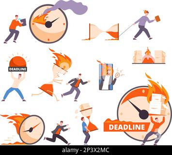 Date limite de charge de travail. Les employés débordés finissant un travail en feu, le Manager pressé le stress du bureau a diminué la pression sur le temps des employés fatigués, illustration vectorielle de l'échéance des employés Illustration de Vecteur