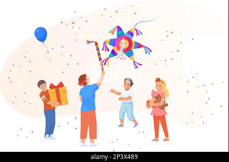 Jeu de Pinata. Les enfants dans les yeux frappant les pinatas, la fête mexicaine d'anniversaire de posada Sweet Party, amusant les enfants vont bâton jouet de carnaval avec des bonbons, dessin animé vecteur illustration du jeu d'anniversaire heureux Illustration de Vecteur