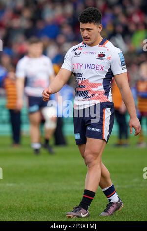 Manu Vunipola #10 de Saracens pendant le match de Premiership Gallagher sale Sharks vs Saracens au stade AJ Bell, Eccles, Royaume-Uni, 5th mars 2023 (photo de Steve Flynn/News Images) Banque D'Images