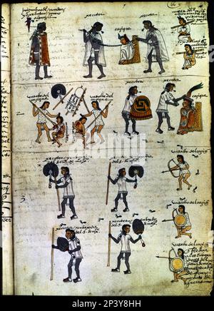 Codex Mendoza (1535 - 1550), hiéroglyphe représentant l'exécution et la destruction d'un chef rebelle (L1), le meurtre de deux marchands mexicains (L2), émissaires attaqués par des sujets rebelles (L3). Banque D'Images