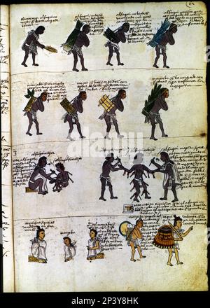 Codex Mendoza (1535 - 1550), hiéroglyphe représentant les méthodes éducatives des Aztèques: (L1,2)) tâches pour l'éducation religieuse, (L3) punitions et (L4) pratique militaire. Banque D'Images