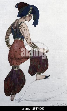 Conception des costumes du Sultana pour les représentations de gala des ballets russes de Serge de Diaghilew, tenues à Paris et Londres en 1907, originaux de Leon Bakst. Banque D'Images