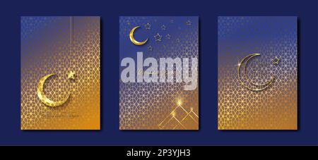 Ramadan Kareem 2023 vecteur ensemble carte de vœux. Demi-lune dorée sur fond bleu. Affiche de vacances dorée avec texte, symbole islamique. Concept musulman Illustration de Vecteur