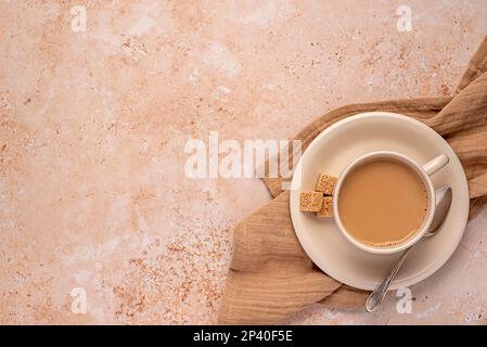 Photographie vierge de thé, lait, café, cappuccino, sucre, caféine, chaud, boisson, boisson, soucoupe, tasse, cuillère Banque D'Images