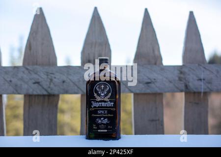 Drahobrat, Ukraine - 22 févr. 2023 : bouteille noire d'épices Jagermeister sur fond de bois. Bouteille de liqueur aux herbes de Jagermeister, digestif allemand fait avec Banque D'Images