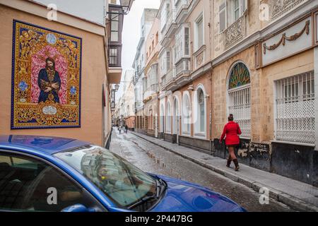 Rue de Saragosse à Benjumeda street. Photo de Jésus-Christ sur l'élaboration de la céramique.Cádiz, Andalousie, Espagne Banque D'Images