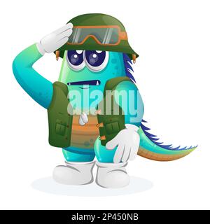 Mignon monstre bleu soldat en uniforme vert. Idéal pour les enfants, les petites entreprises ou le commerce électronique, la marchandise et l'autocollant, la promotion de bannière, blog ou vlog ch Illustration de Vecteur