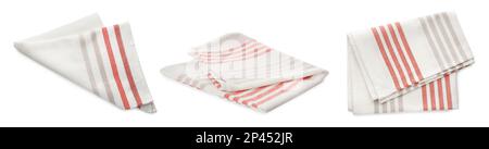 Ensemble avec des serviettes de cuisine propres sur fond blanc. Bannière Banque D'Images