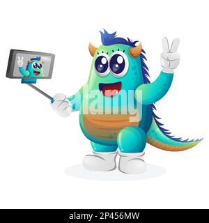 Un joli monstre bleu prend un selfie avec un smartphone. Idéal pour les enfants, les petites entreprises ou le commerce électronique, la marchandise et l'autocollant, la promotion de bannière, blog ou v Illustration de Vecteur