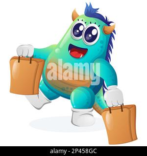 Mignon monstre bleu shopping heureux. Idéal pour les enfants, les petites entreprises ou le commerce électronique, les marchandises et les autocollants, la promotion de bannière, le blog ou le canal vlog Illustration de Vecteur