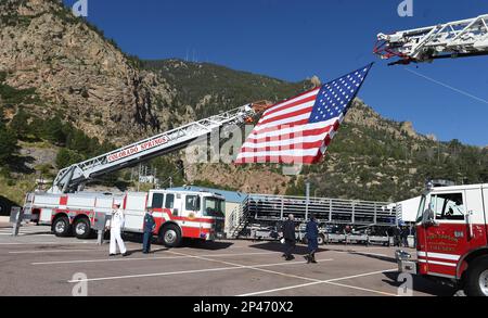 For the first time, all branches of the U.S. military and Canadian forces held a combined 9/11 Commemoration at Cheyenne Mountain Air Force Station outside the gates of the underground Cheyenne Operation Center in Colorado Springs, Colo. Thursday, Sept. 11, 2014. This was the 13th anniversary of the day of the horrendous terror attacks. (AP Photo/The Gazette, Jerilee Bennett)