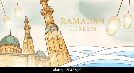 dessin vectoriel à la main bannière horizontale ramadan kareem avec illustration mosquée et lanternes Illustration de Vecteur