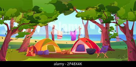 Camp d'été en forêt avec tentes et feu de camp. Paysage de la nature avec arbres, lac, montagnes et camping sur la plage avec feu de camp, tentes, chaise et sac à dos, illustration de dessin animé vectoriel Illustration de Vecteur