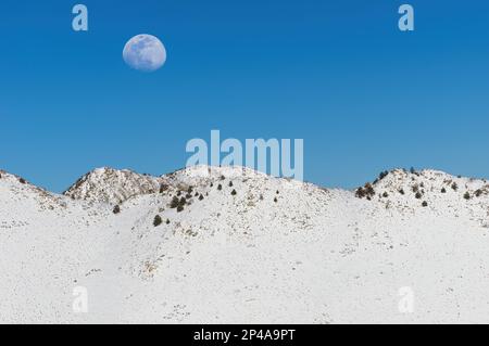Lune en hausse, phase de gibbes épiçant, sur des montagnes enneigées dans la partie sud de la Sierra Nevada, en Californie. Banque D'Images