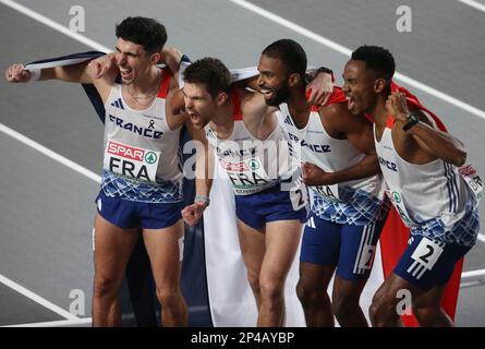 Istanbul, Turquie. 02nd mars 2023. Gilles BIRON, Téo ANDANT, Victor COROLLER et Muhammad Abdallah KOUNTA de France final 4 X 400 m HOMMES pendant les Championnats européens d'athlétisme en salle 2023 sur 2 mars 2023 à l'aréna Atakoy à Istanbul, Turquie. Photo de Laurent Lairys/ABACAPRESS.COM crédit: Abaca Press/Alay Live News Banque D'Images