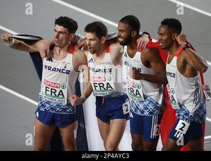 Istanbul, Turquie. 02nd mars 2023. Gilles BIRON, Téo ANDANT, Victor COROLLER et Muhammad Abdallah KOUNTA de France final 4 X 400 m HOMMES pendant les Championnats européens d'athlétisme en salle 2023 sur 2 mars 2023 à l'aréna Atakoy à Istanbul, Turquie. Photo de Laurent Lairys/ABACAPRESS.COM crédit: Abaca Press/Alay Live News Banque D'Images